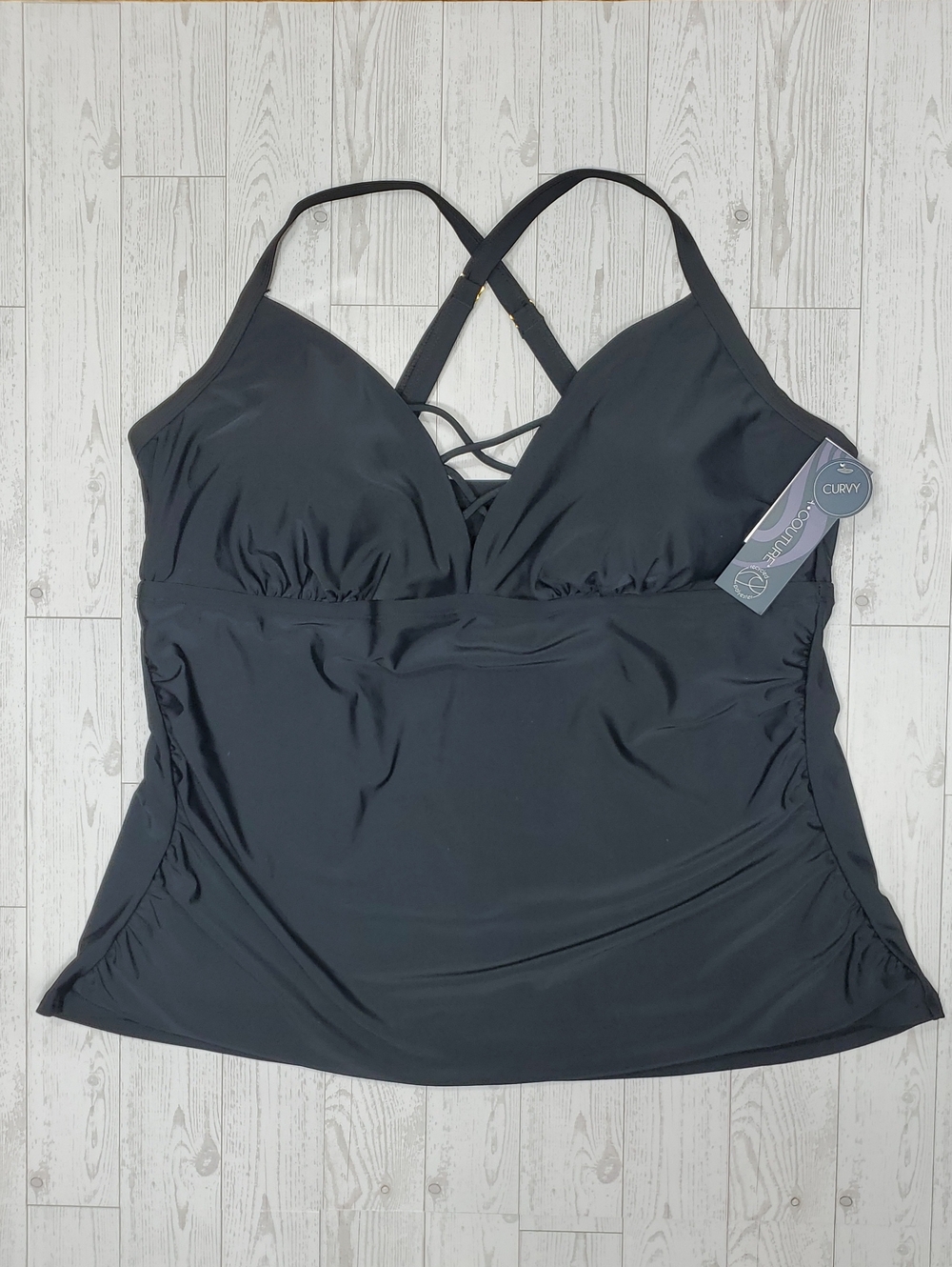 NWT Aqua Couture Black Crisscross Tankini Ruched Swim Top